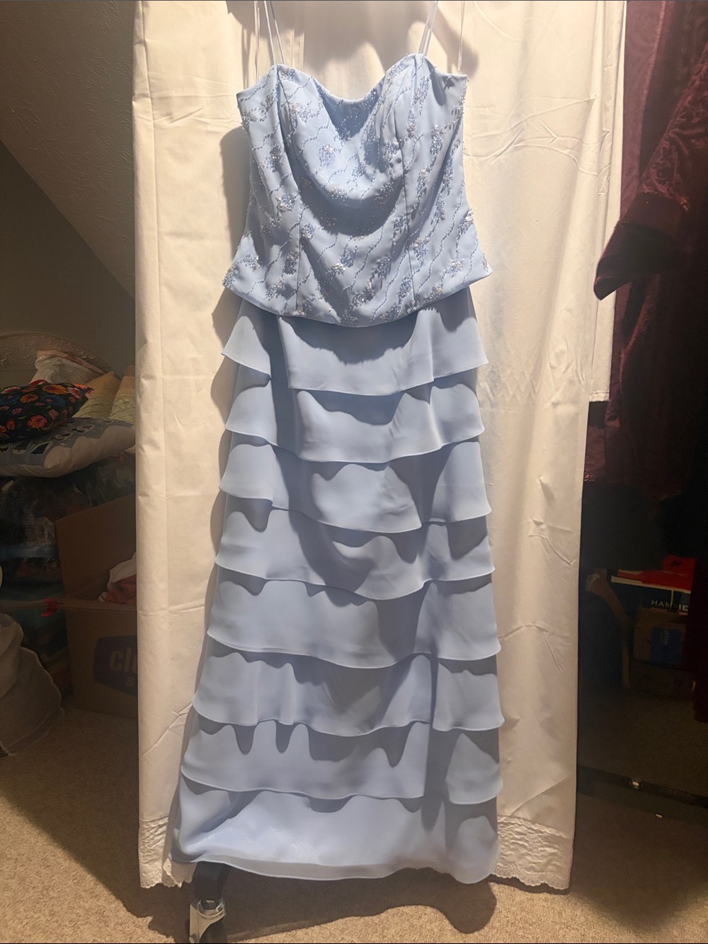 Light Blue Tiered Ruffle Gown with Beaded Bodice